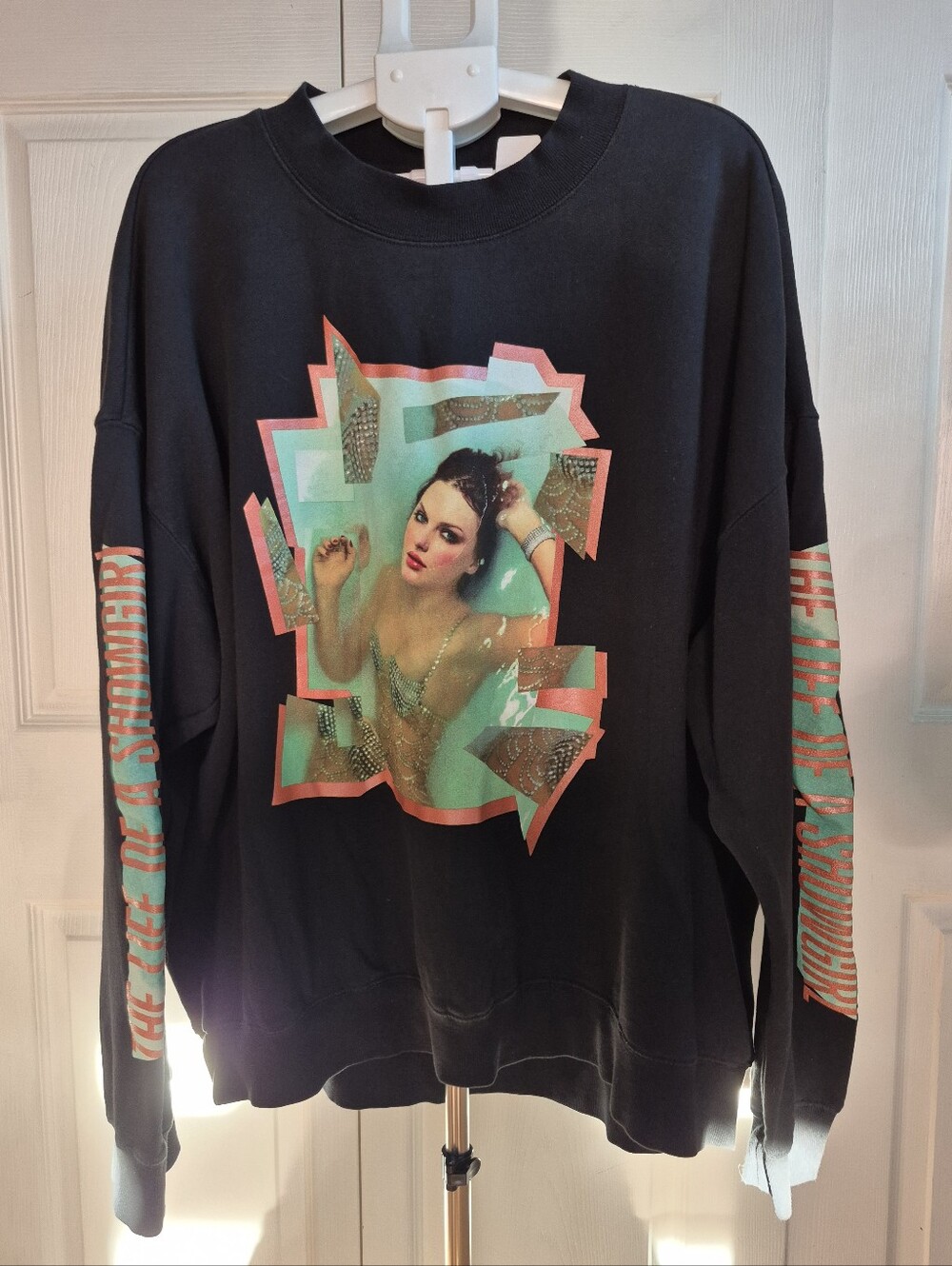 Taylor Swift Black Crewneck Sweatshirt with Teal & Coral Graphic